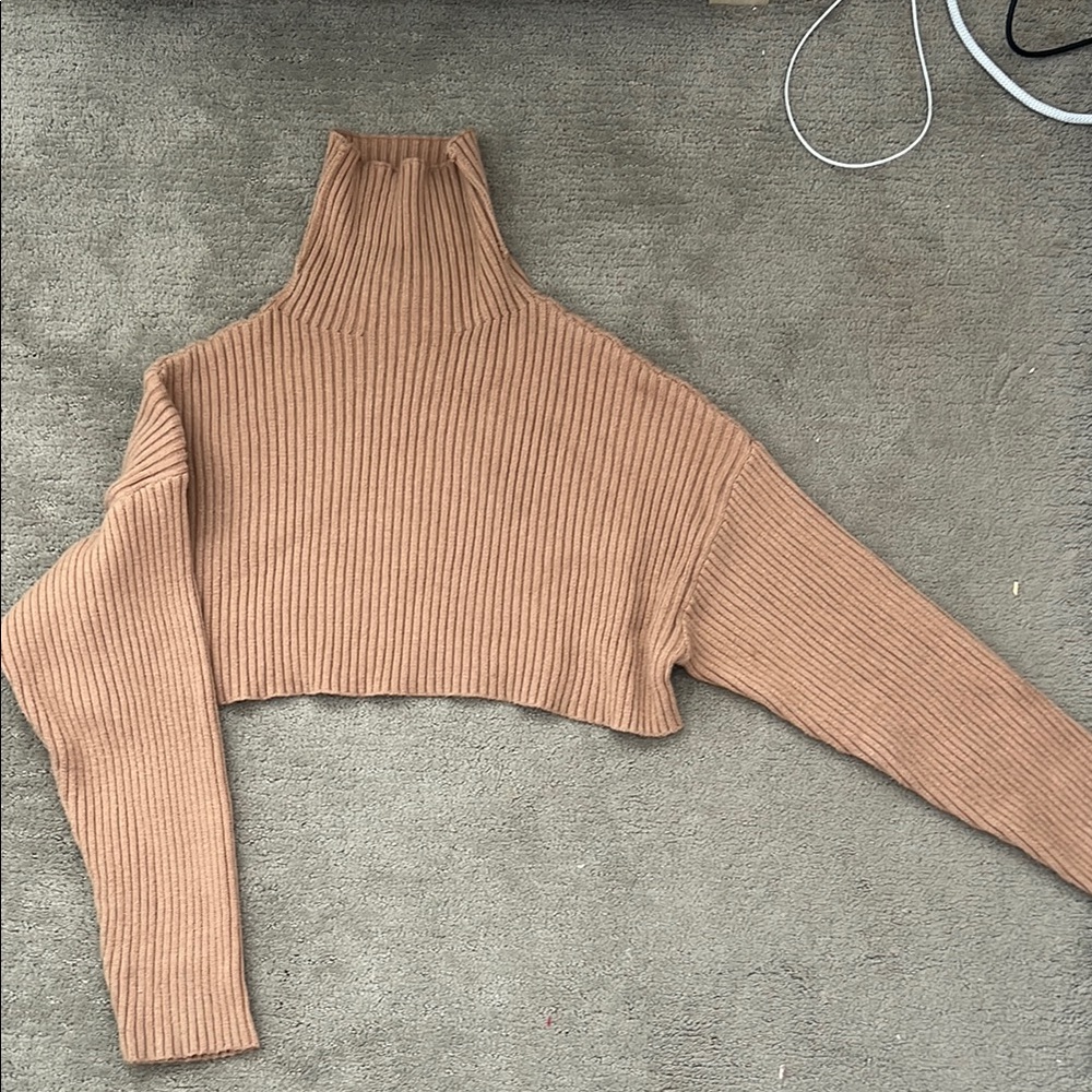 Tan Ribbed Cropped Turtleneck Sweater